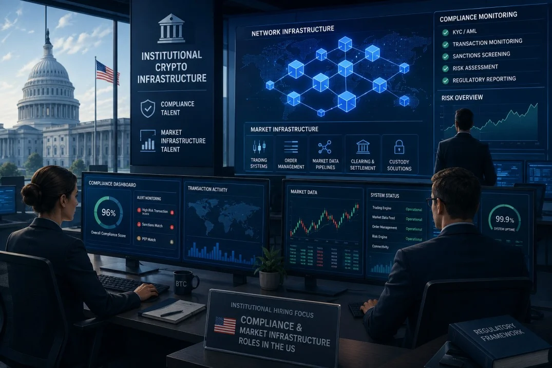 Institutional crypto hiring is consolidating around compliance and market infrastructure roles in the US