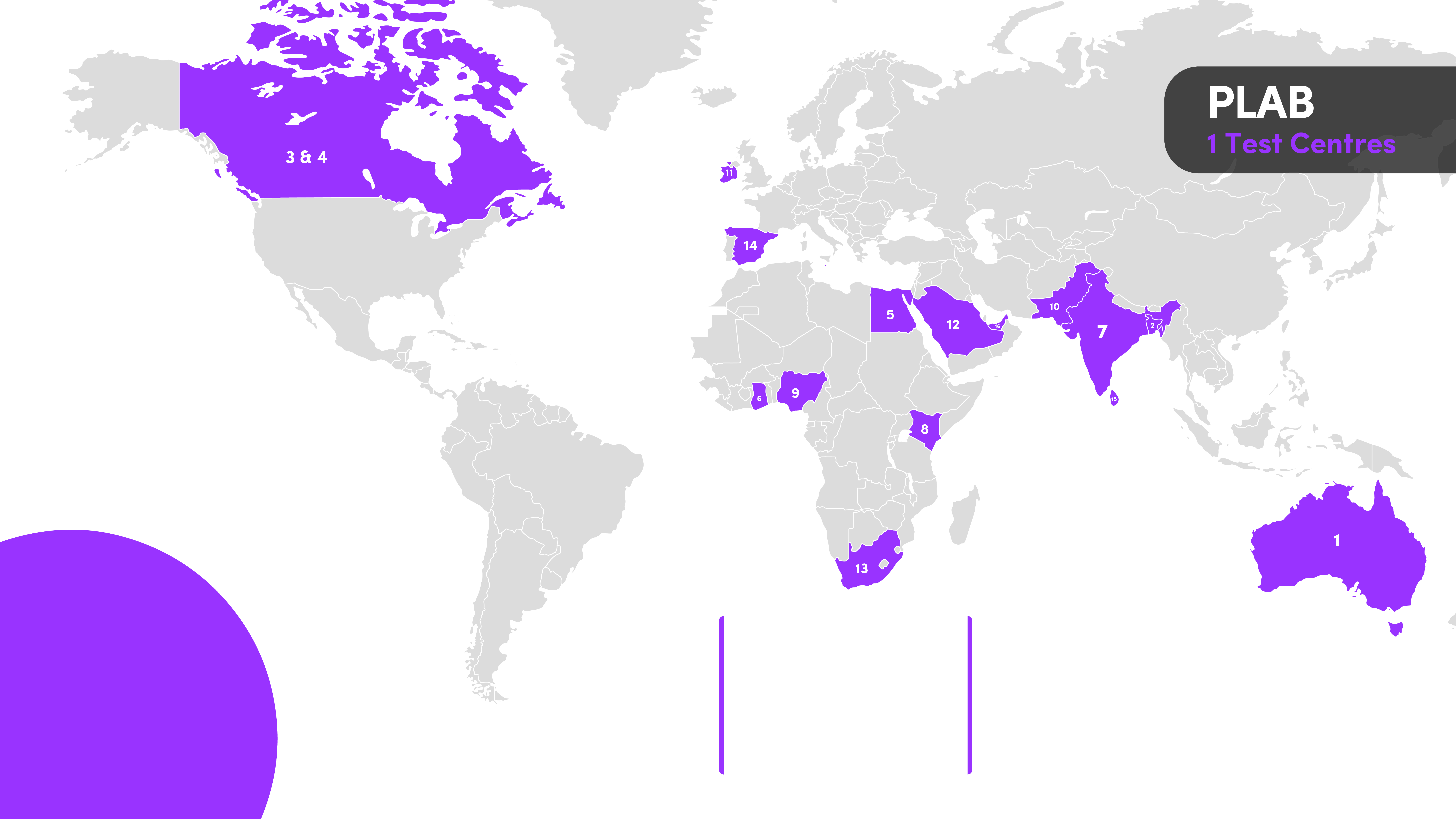 World map showing the locations of the international PLAB test centres