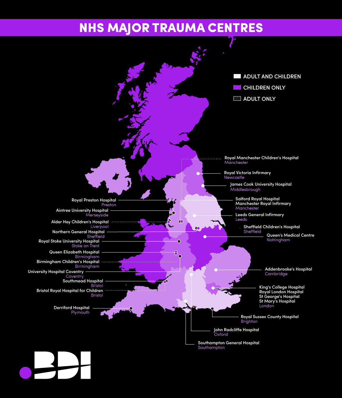 Map depicting the locations of the 27 Major Trauma centres across NHS England