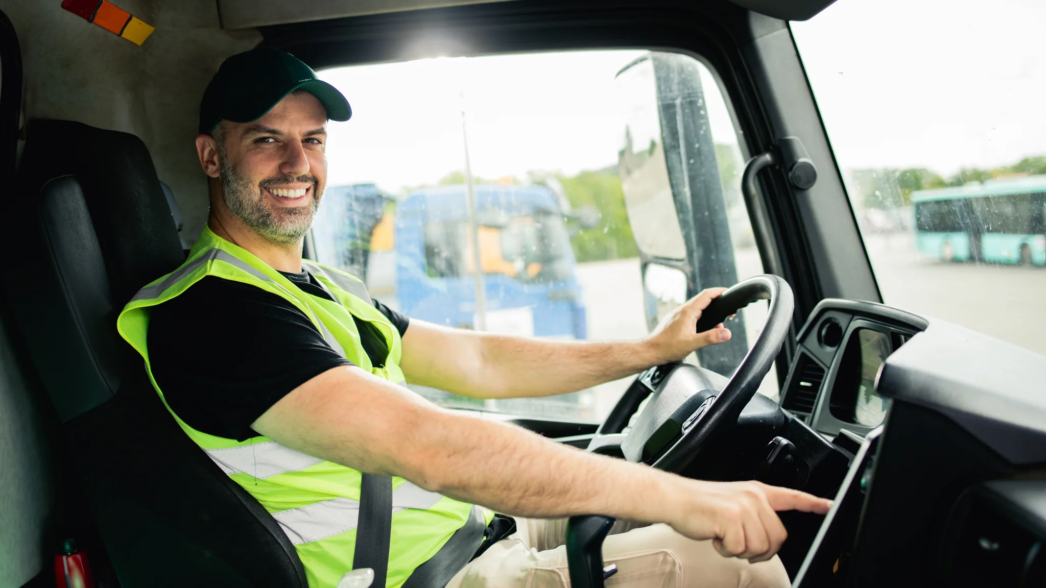 A HGV driver using a tablet