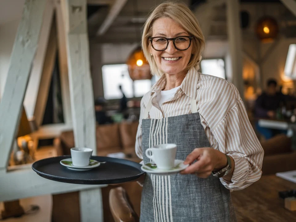 Waiting Staff holding a tray in one hand and a cup and saucer in the other
