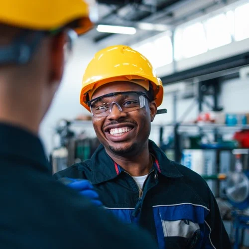 Manufacturing image A Machine Operative wearing a yellow hardhat and safety glasses