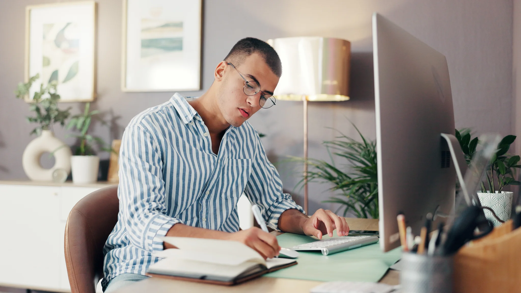 Person at home researching job descriptions