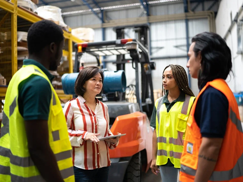 Four warehouse workers stood near a forklift truck. Three are wearing hi-vis jackets and the forth is in a striped shirt holding a clipboard.