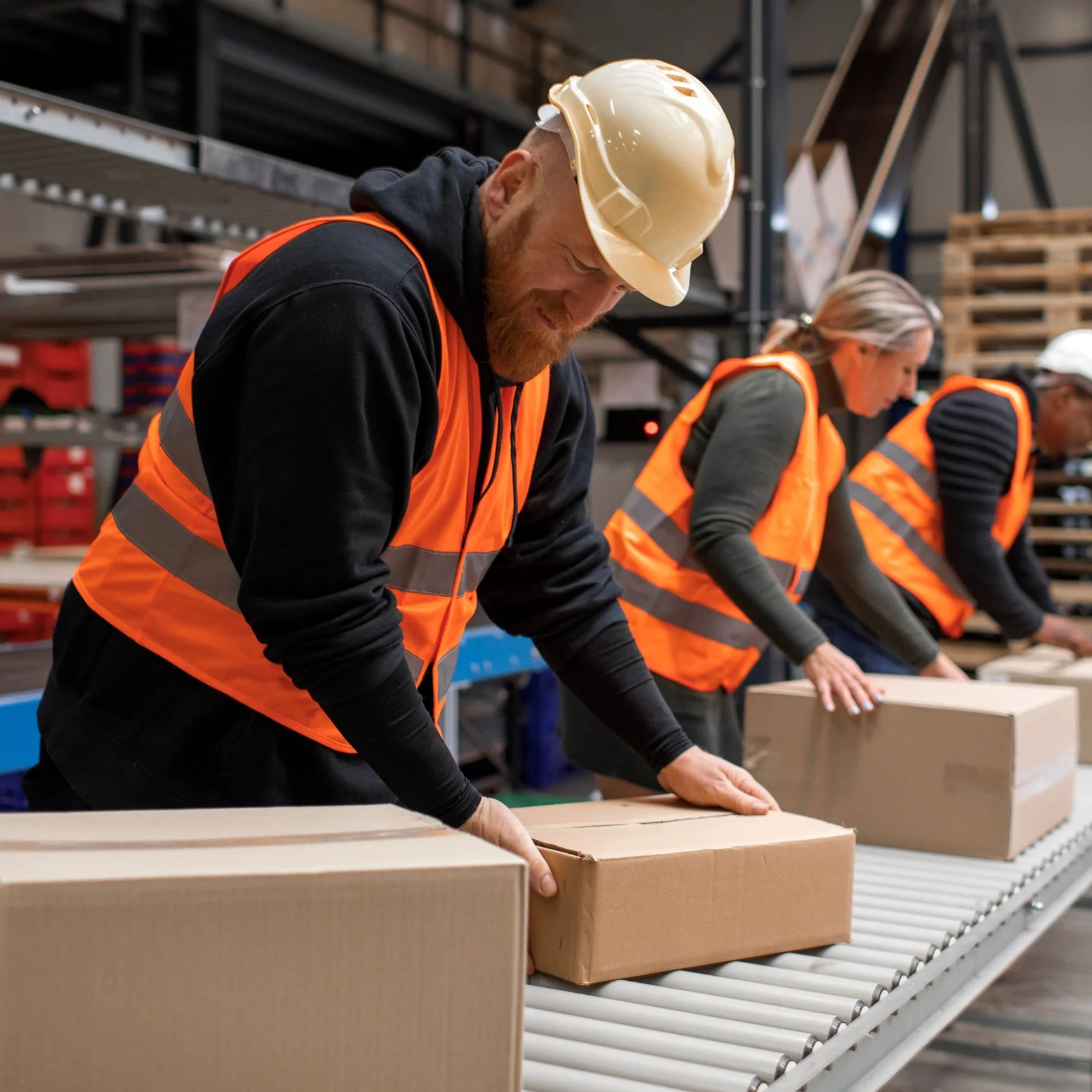 Three warehouse worker handling parcels on a conveyor belt