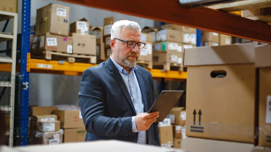 A senior logistics leader inspecting inventory in a warehouse