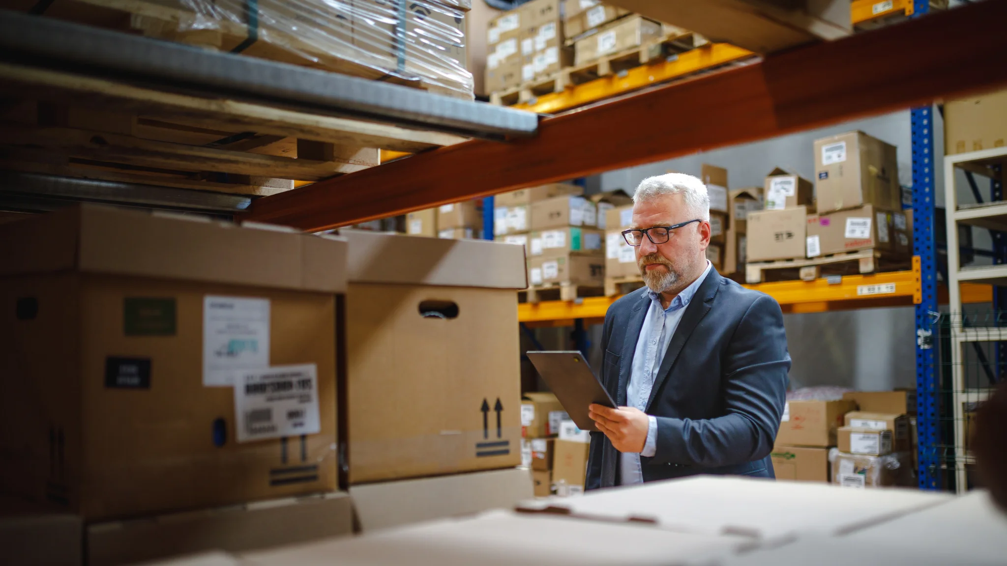 Logistics exec using tablet and checking inventory