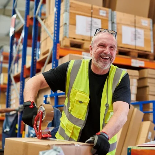 Warehouse worker packaging parcel whilst wearing a hi vis jacket