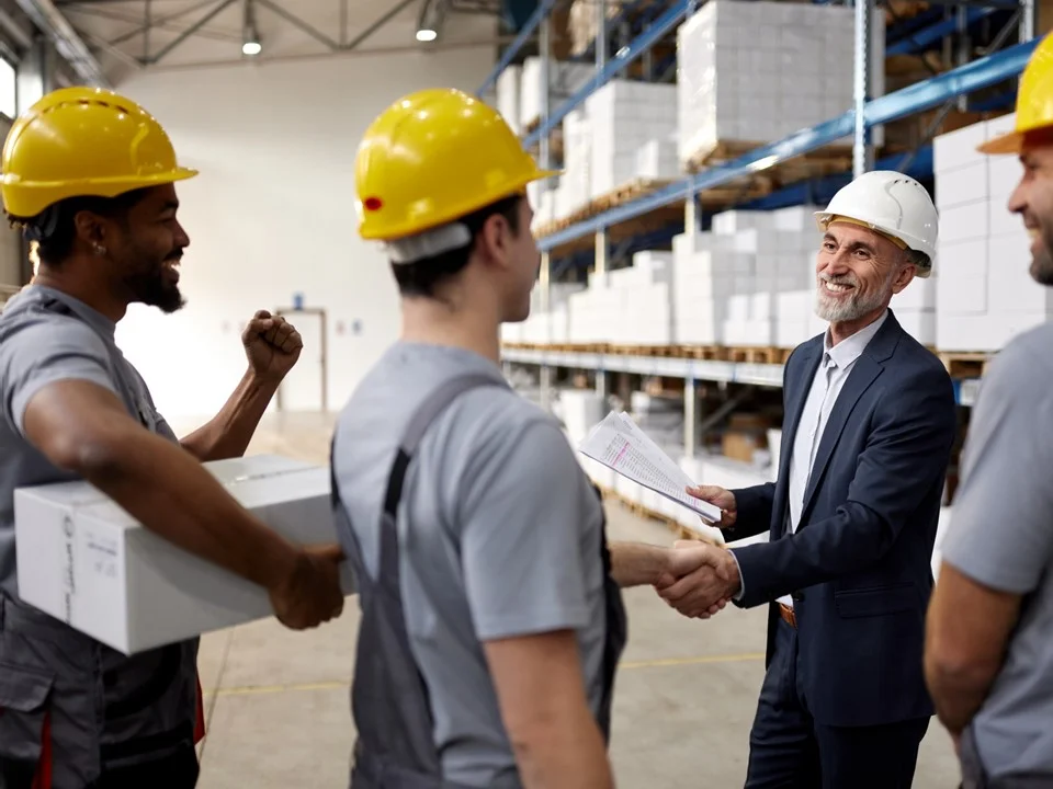 Senior Logistics Leader and three Warehouse Operatives talking in a warehouse