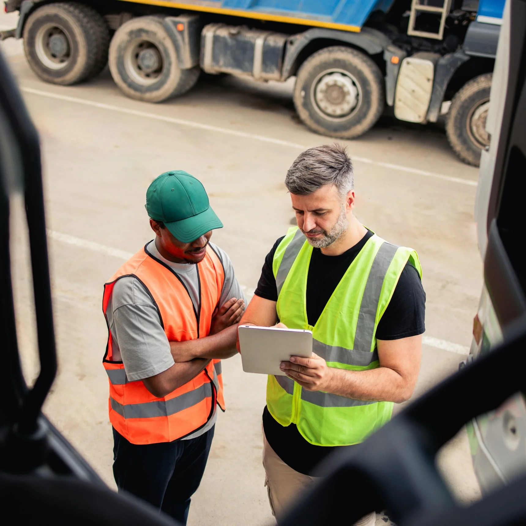 Parcelforce drivers discussing driving route