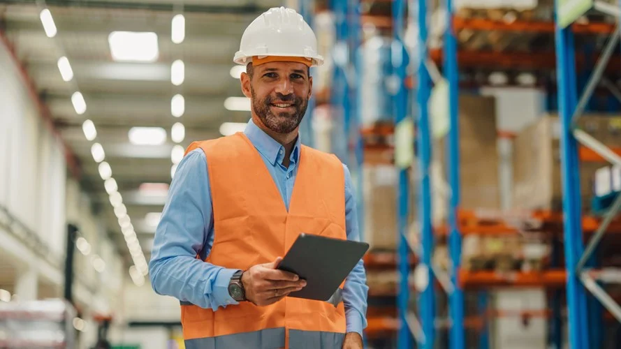 Senior logistics leader, stood in a warehouse, wearing an orange hi-vis vest and a hard hat.