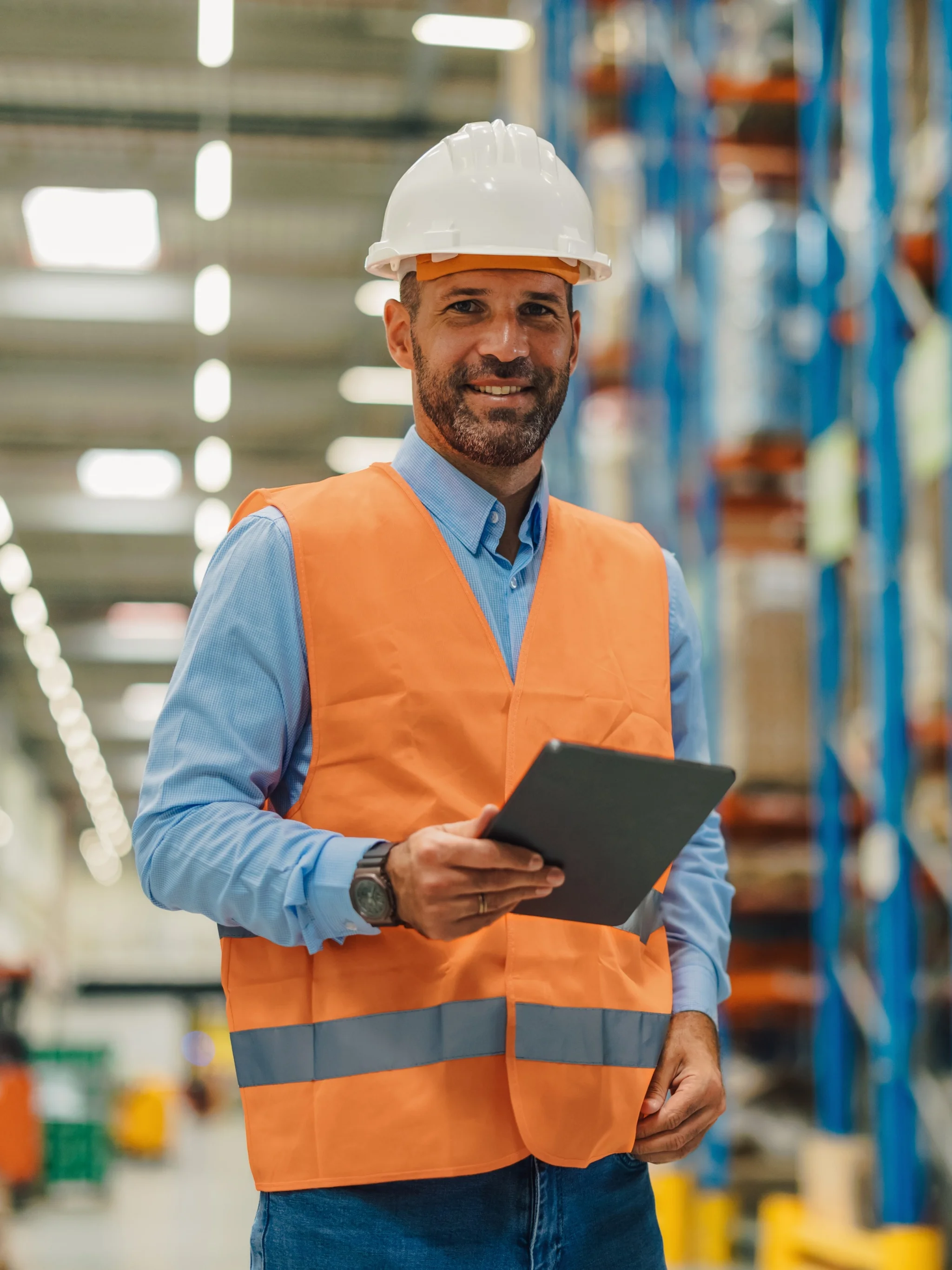 A smiling Logistics worker holding a tablet in a warehouse