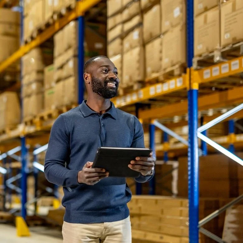Delivery Manager in a warehouse holding a tablet