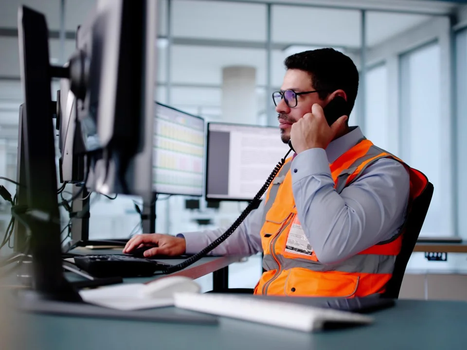 A Logistics Leader in an orange hi-vis jacket sat at a computer whilst talking on the phone
