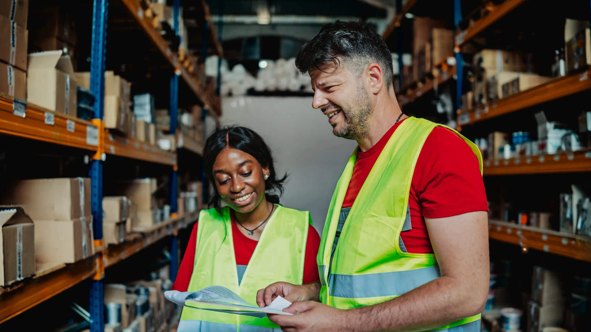 Two warehouse workers reviewing documents in a warehouse