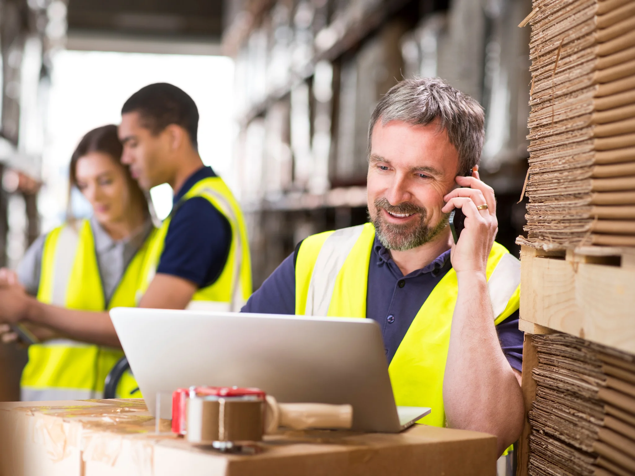 Warehouse worker talking on the phone while using a laptop