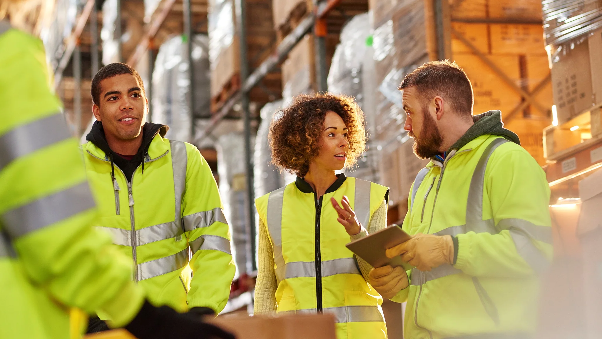 Warehouse workers engaged in discussion