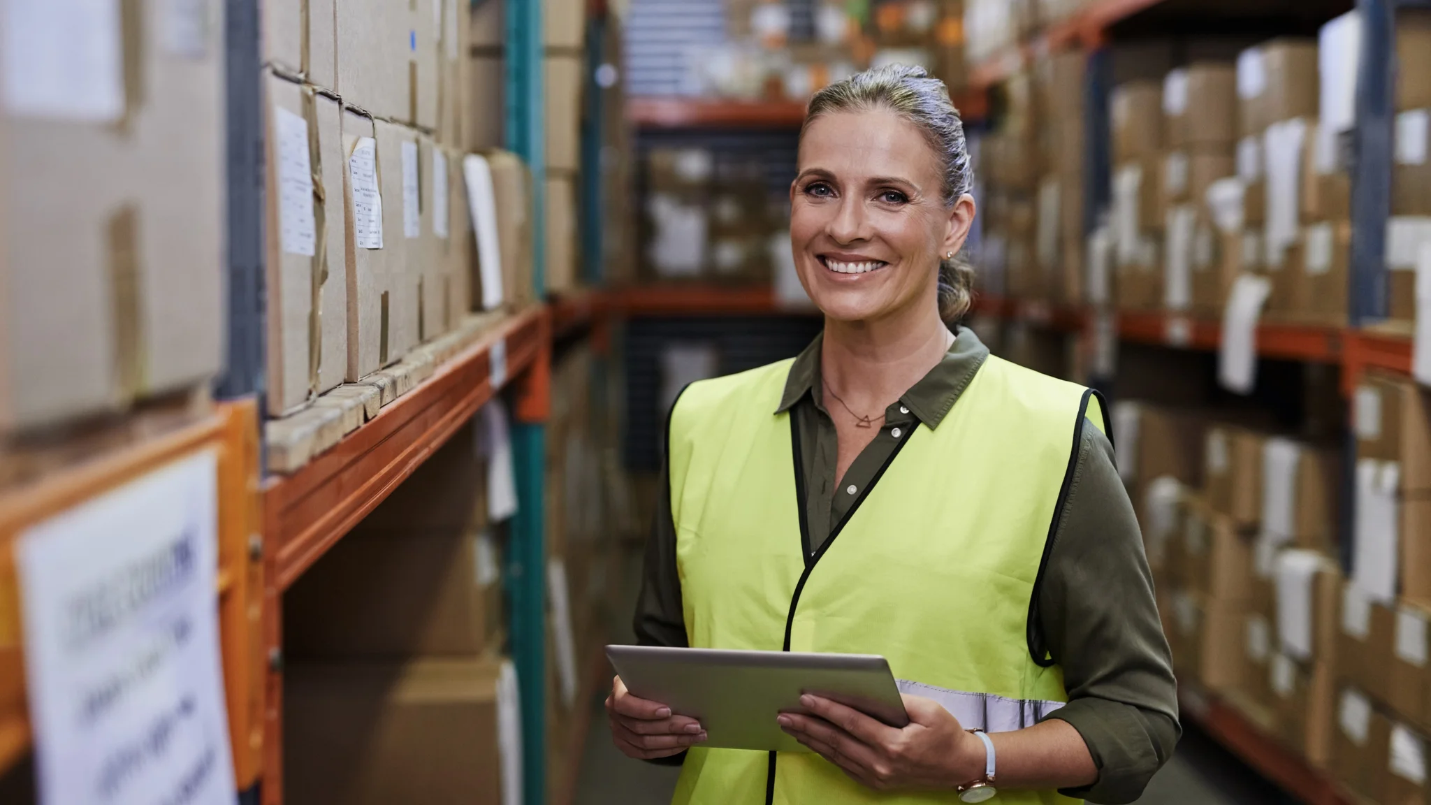 A smiling warehouse worker holding a tablet