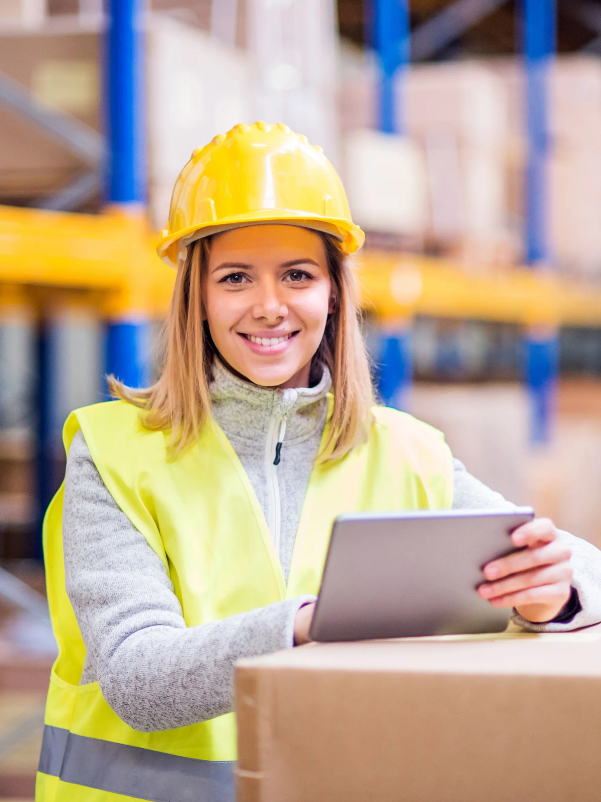 Logistics worker wearing a high-visibility vest and hard hat using a tablet in a warehouse