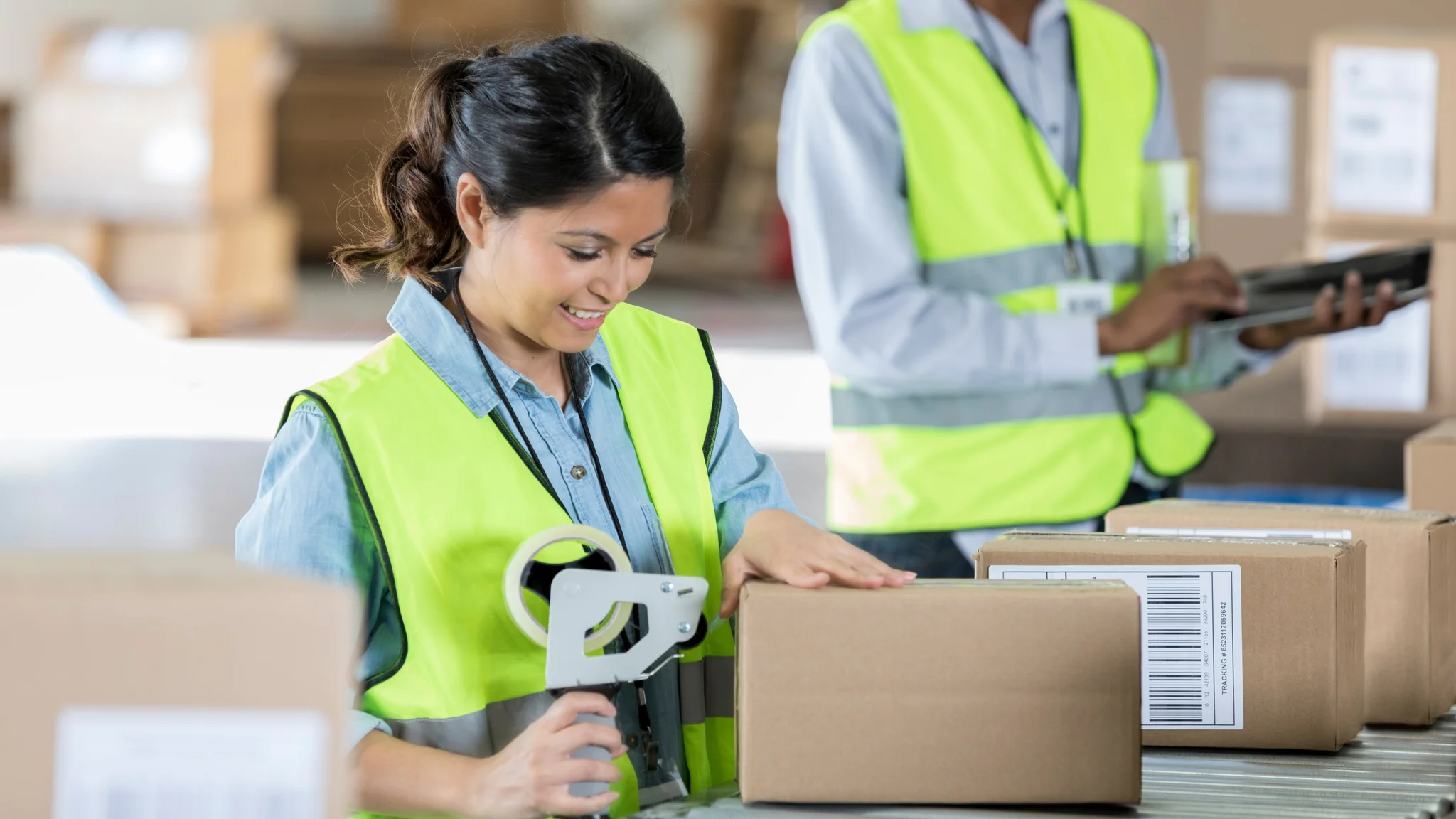 Three warehouse worker handling parcels on a conveyor belt