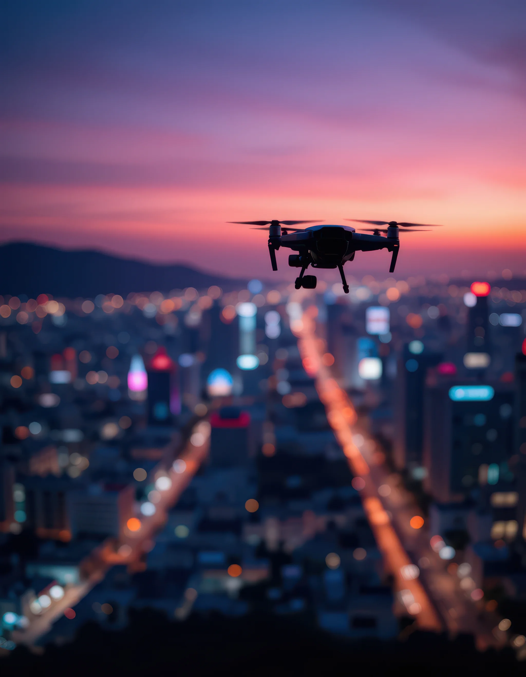 Army of black futuristic drones and eVTOLs flying over dark landscape 