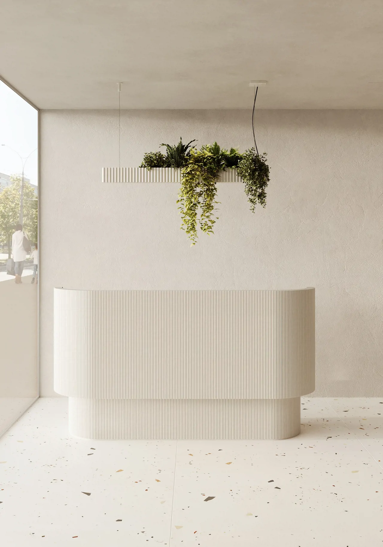 Luxury white store counter with leafy green plant pot 