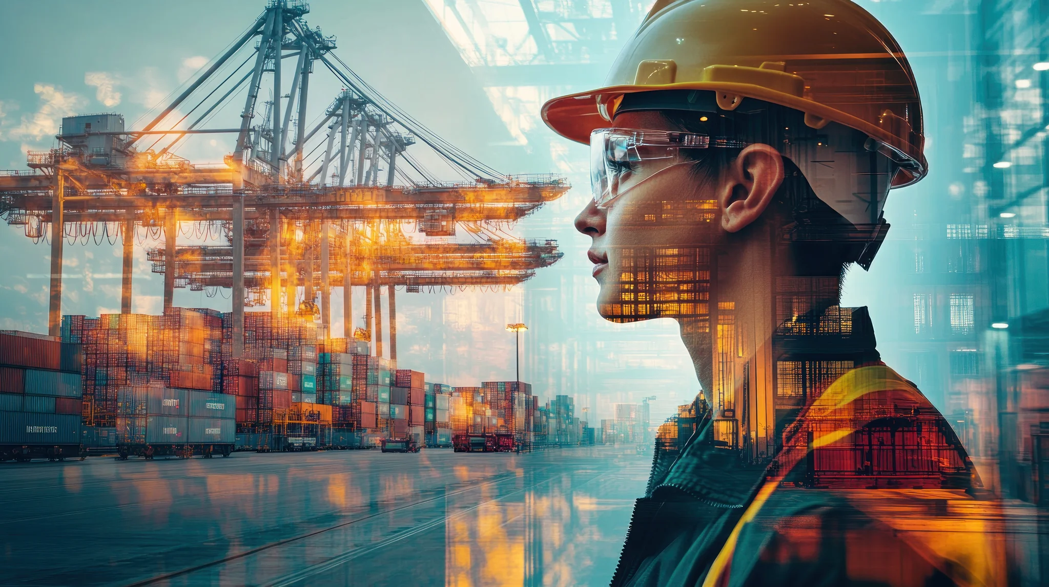 Female engineer, port, cargo, global trade, industry