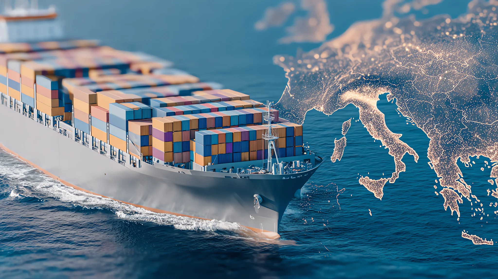 A cargo ship filled with colorful containers