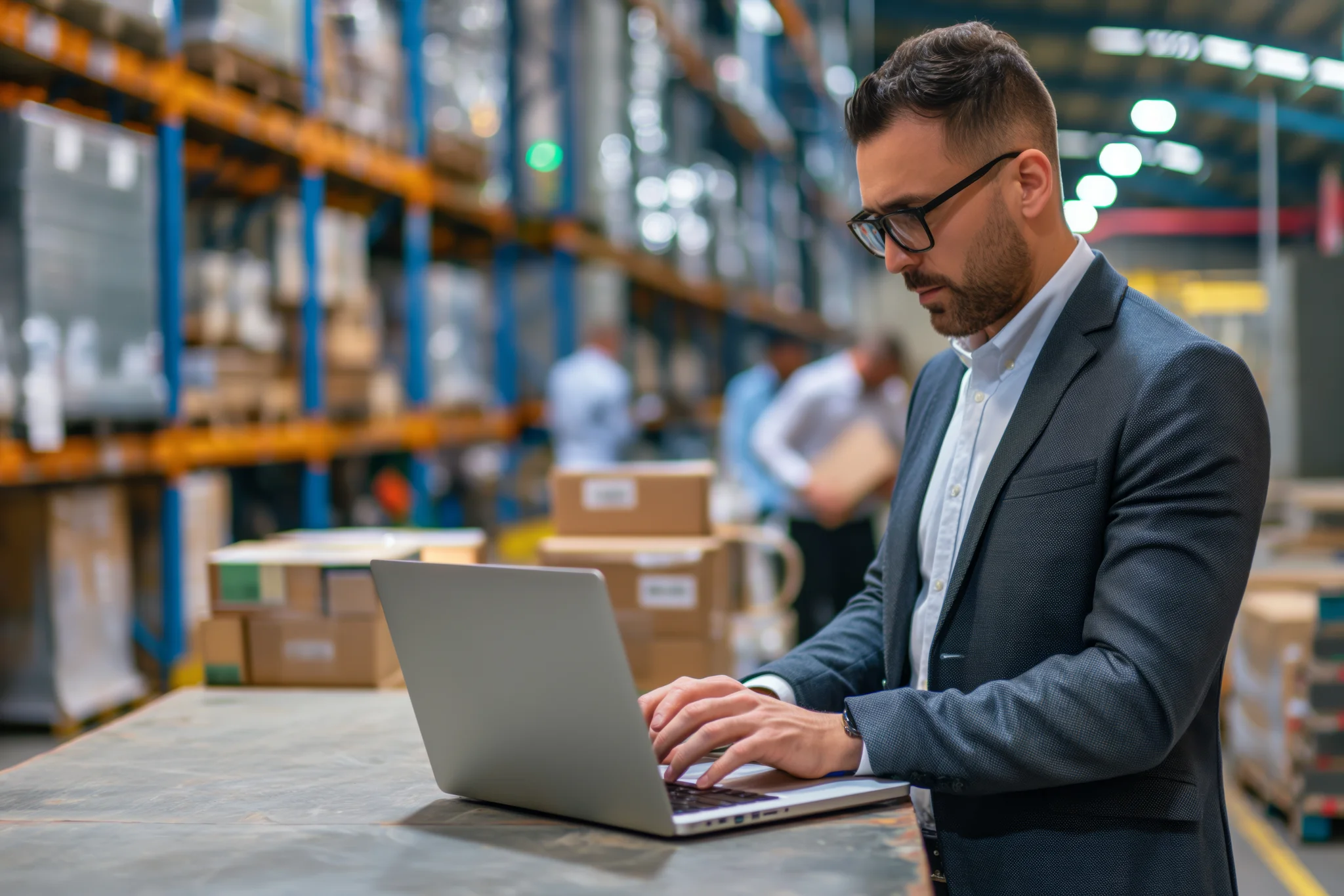 A young businessman in a suit manages warehouse logistics using a laptop