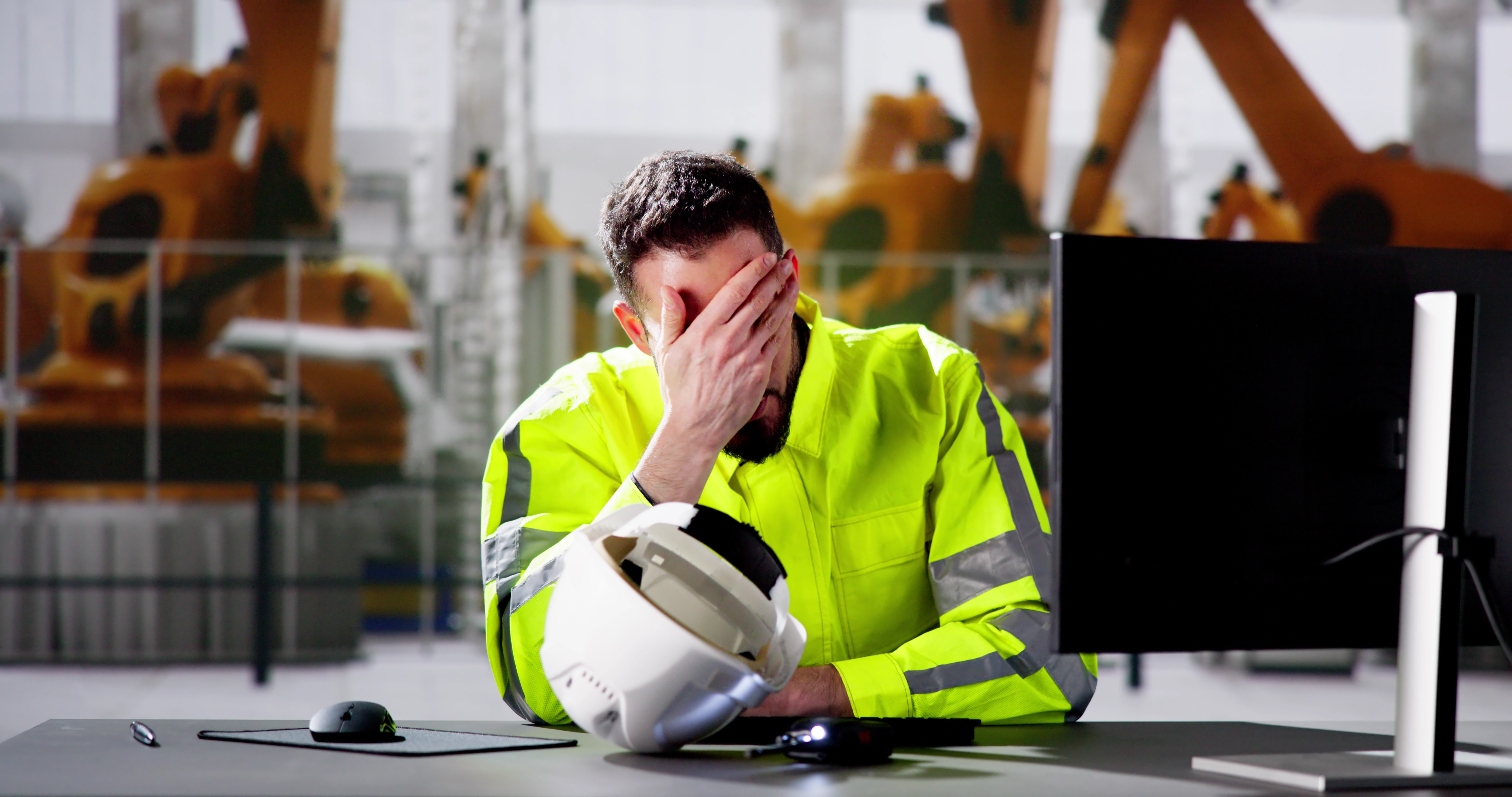 A male construction worker is sat at a desk with his hand over his face. He appears stressed. He is wearing a hi-visibility jacket and there is a computer on the desk.