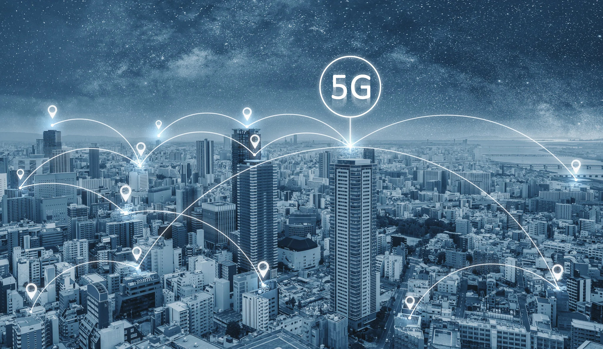 5g network graphic over city skyline