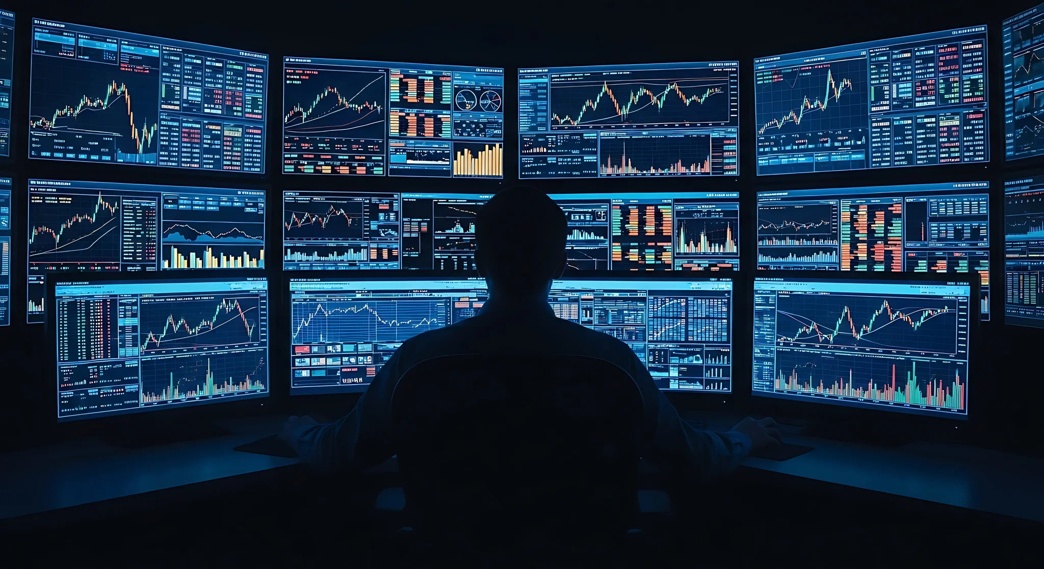 Financial technology operations center with multiple data screens and analyst watching