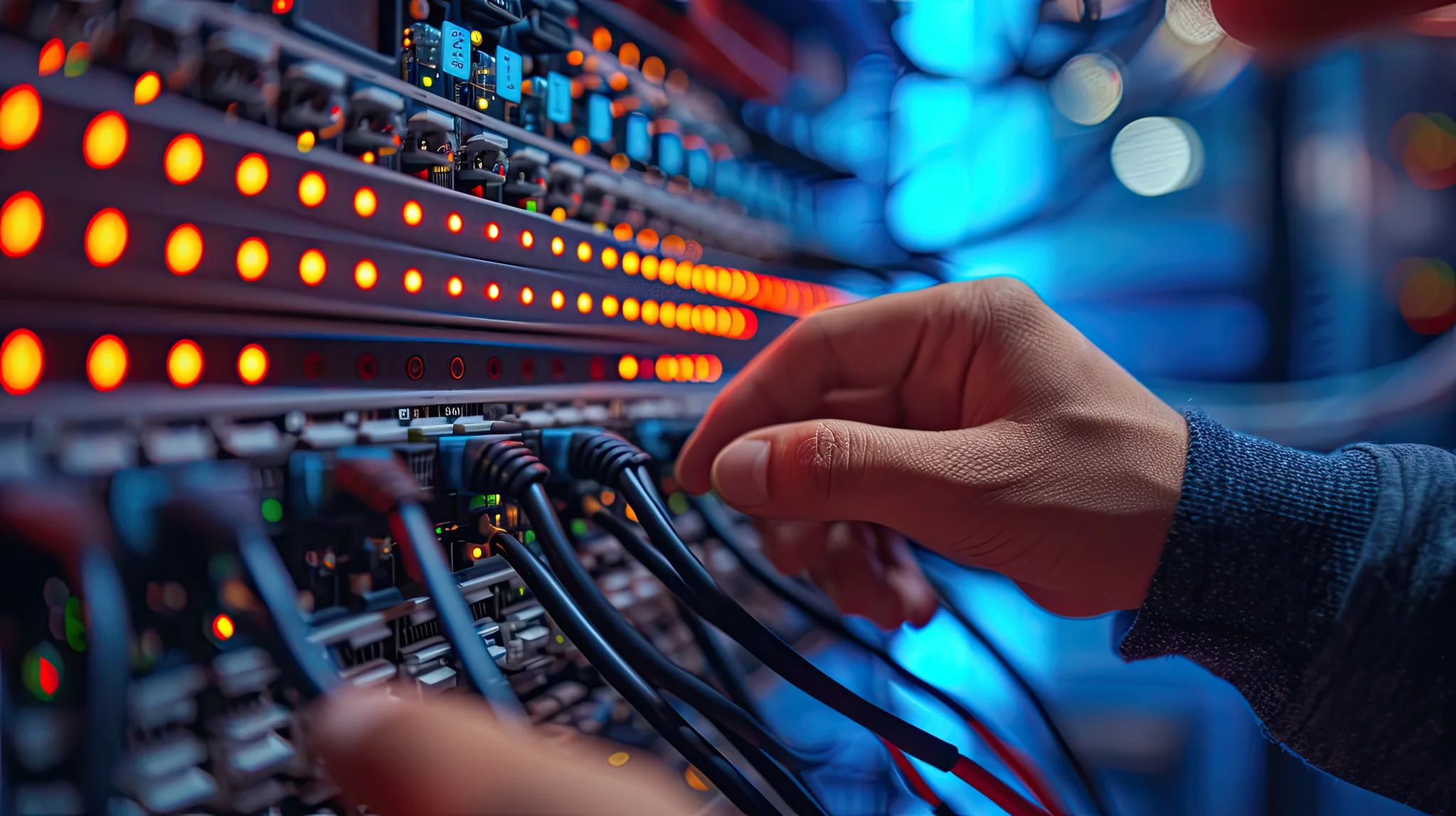 Close-up of a network engineer's hands plugging in cables to a server, focusing on network connectivity and maintenance.