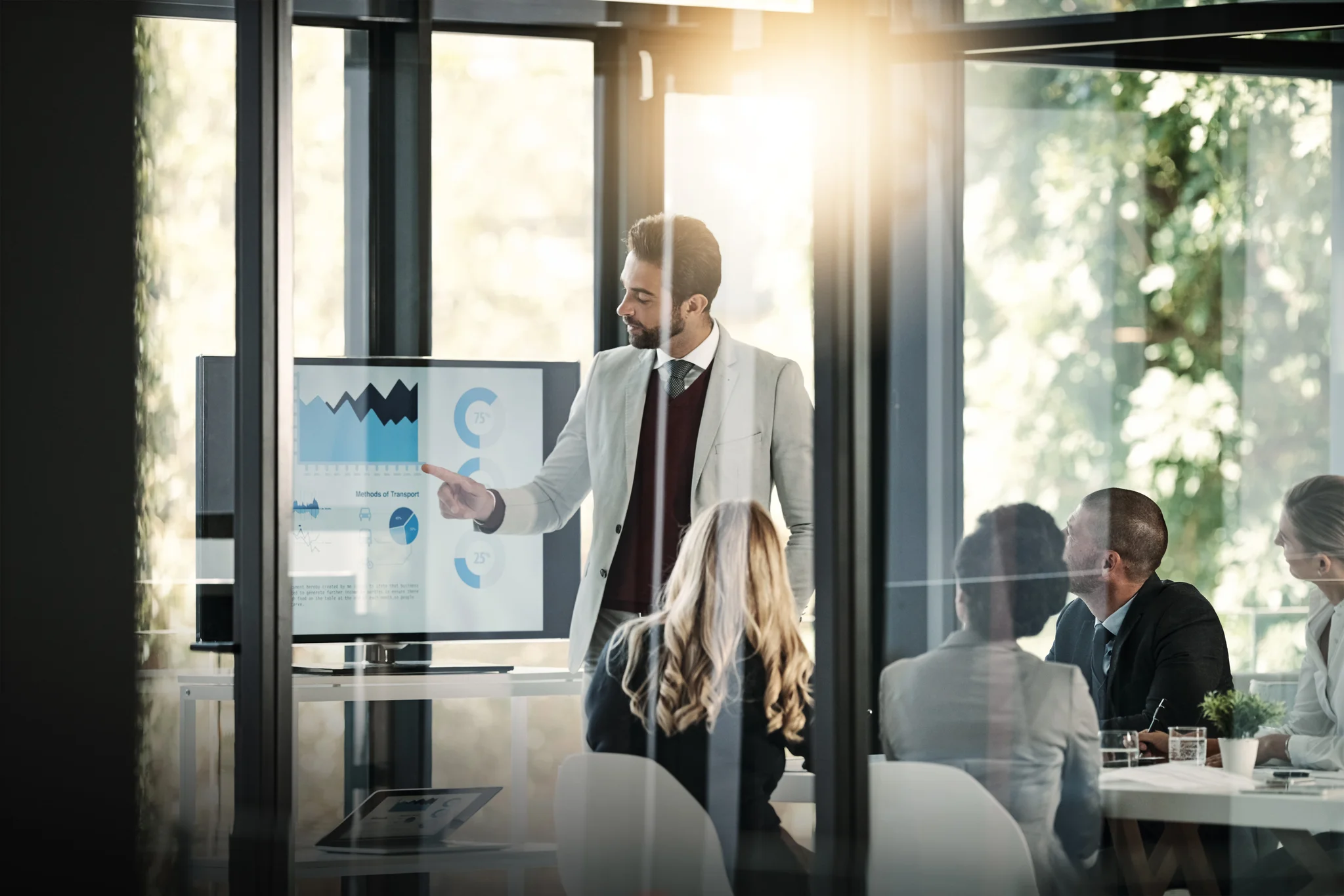 Accounting, business people and budget meeting with charts, fintech and speaker for profit review. 