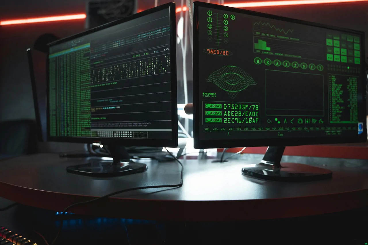 There are two PC monitors on a wooden desk. Both screens are displaying cyber security data.