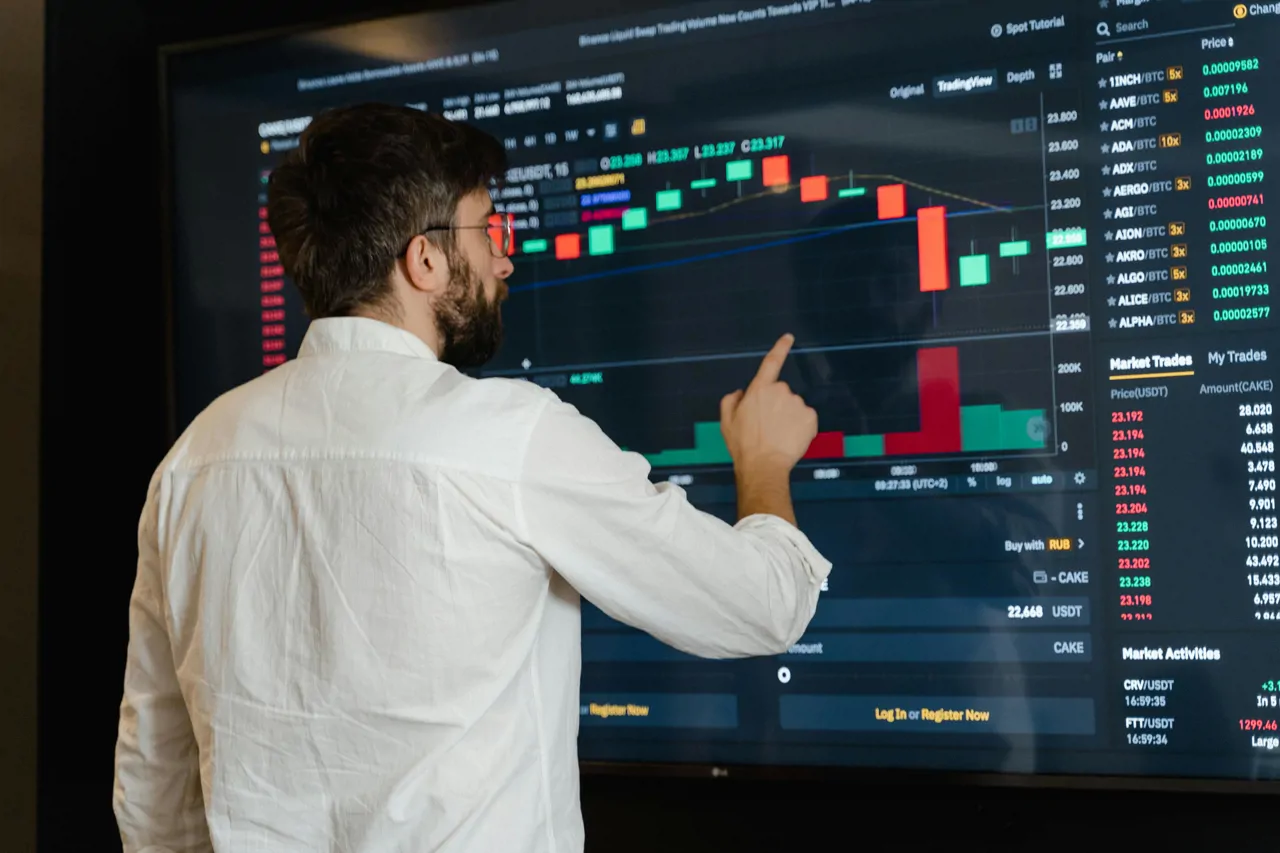 A man in a white shirt, standing in front of a large screen, analyses trading data. The screen shows a series of red and green candlestick charts alongside trading statistics. He is pointing at one of the graphs.