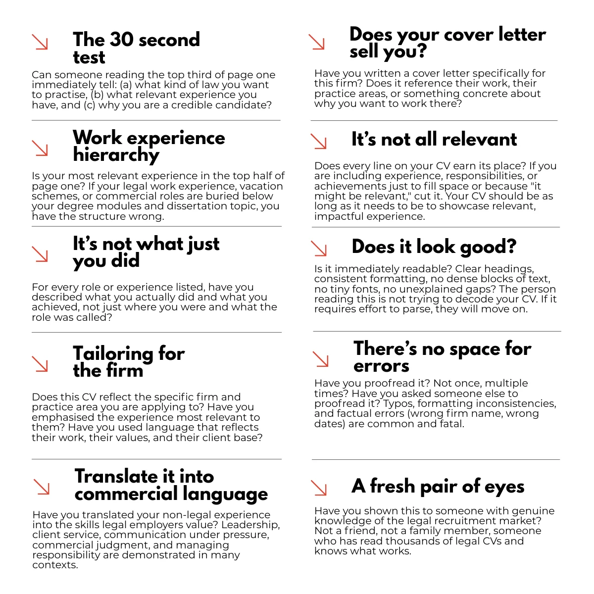 blocks of text outlining the final checks you should run on your C.V before sending it to law firms
