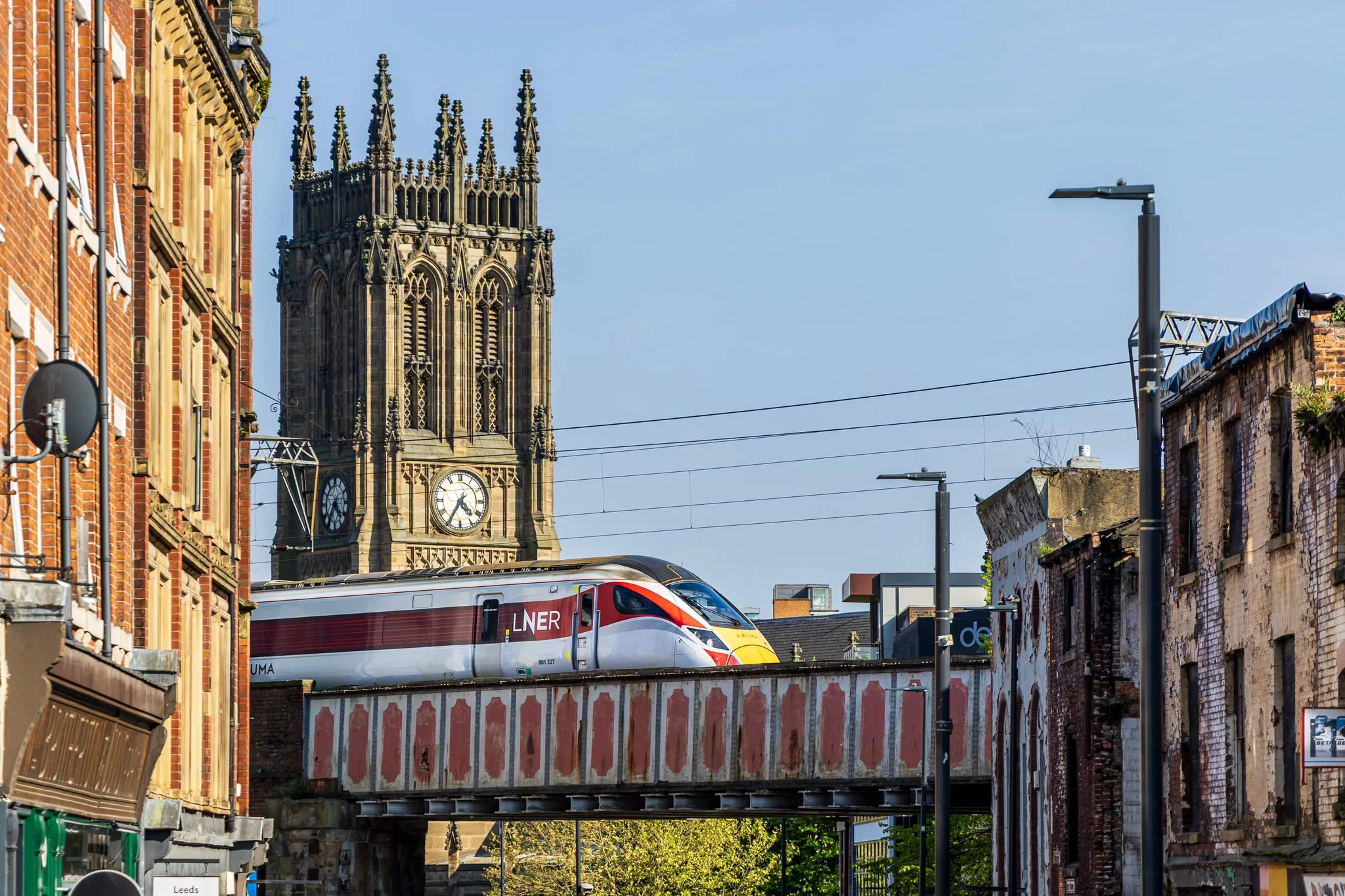 train on bridge in Leeds UK