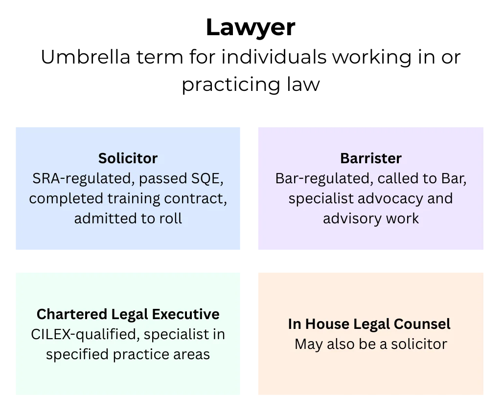 chart offering explanations of the types of roles that fall under the umbrella term 'lawyer'