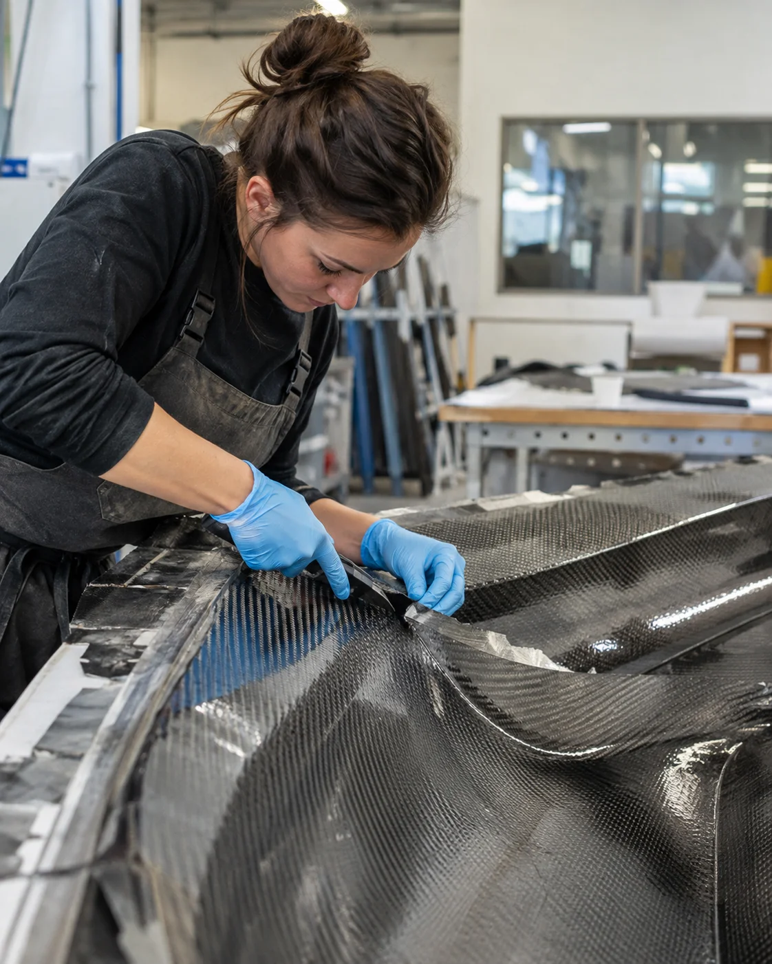 Composite technician trimming and preparing a carbon fibre component by hand in a specialist manufacturing workshop.