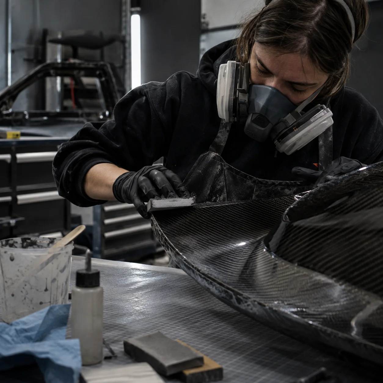 Composite technician wearing protective equipment while finishing a carbon fibre part in a composites workshop.