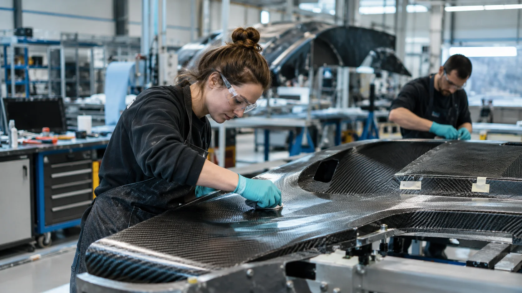 Composite technicians working on a large carbon fibre component in a specialist engineering and manufacturing facility.