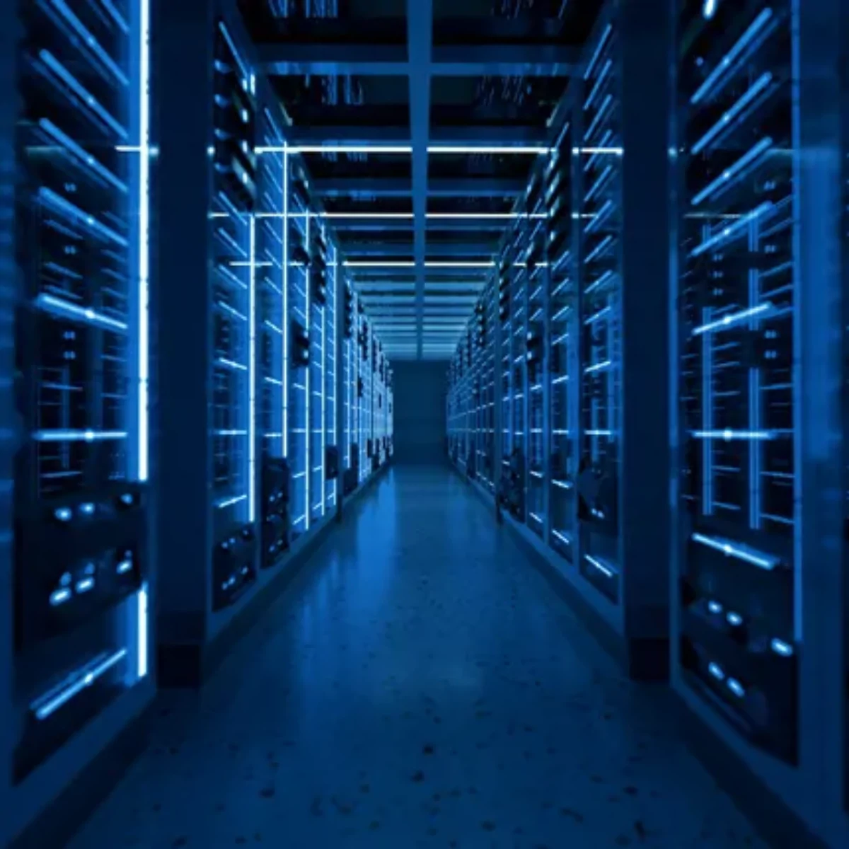 centred perspective shot between two rows of severs in a data centre