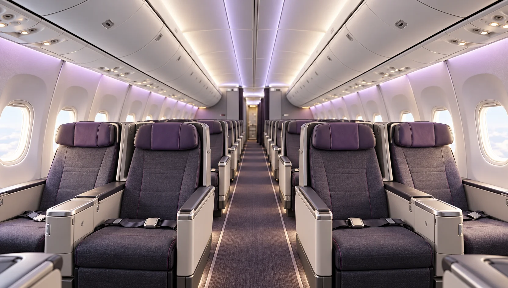 Contemporary aircraft cabin viewed down the aisle, with rows of purple-accented passenger seats and soft overhead lighting.