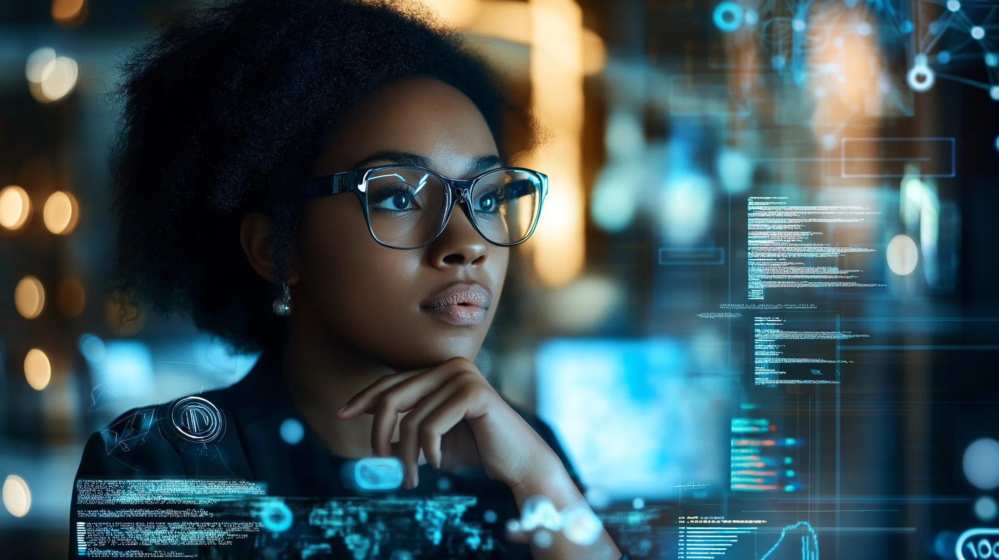 programmer coding at a minimalist desk with multiple screens