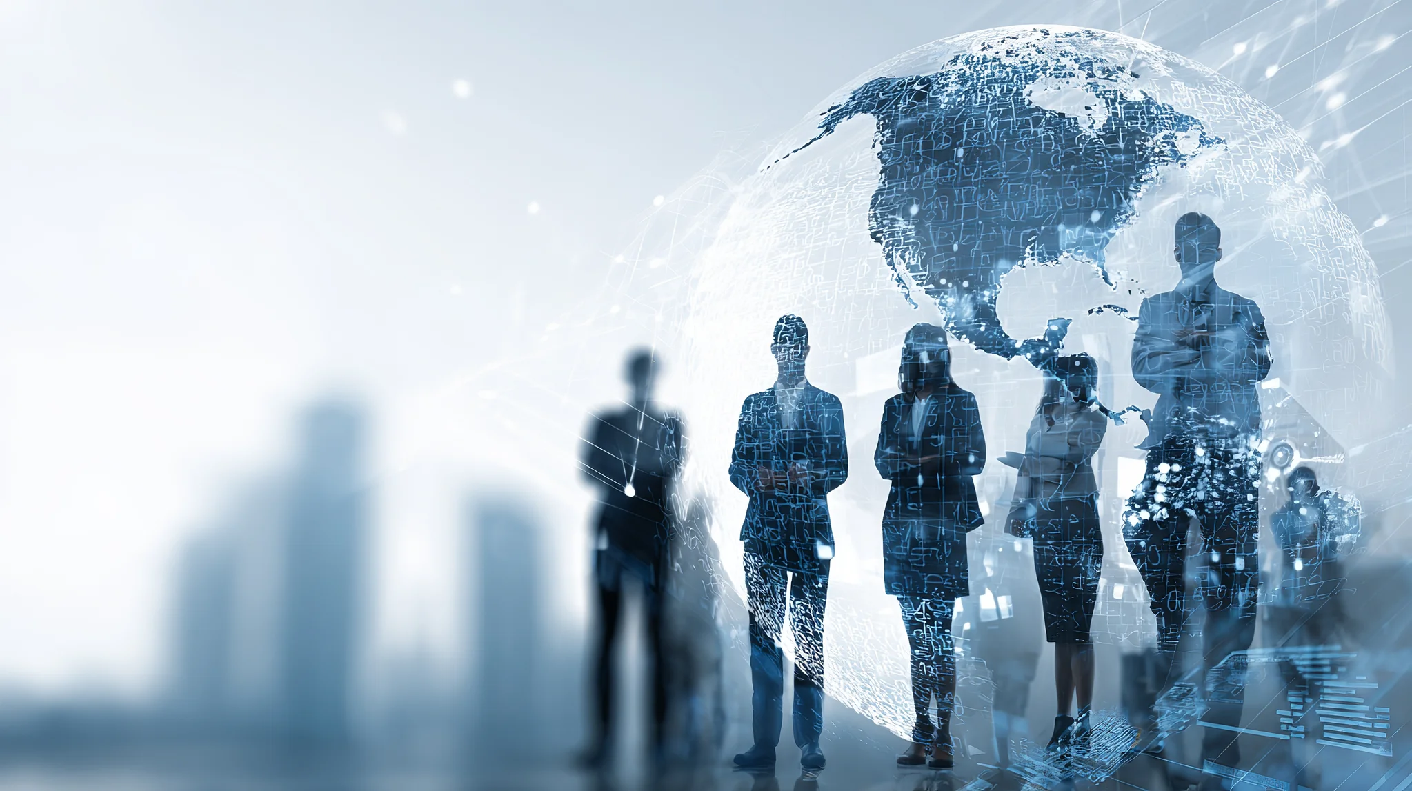 team with global digital network concept, success, international business, technology, teamwork, and futuristic connections for innovation with blurred city background