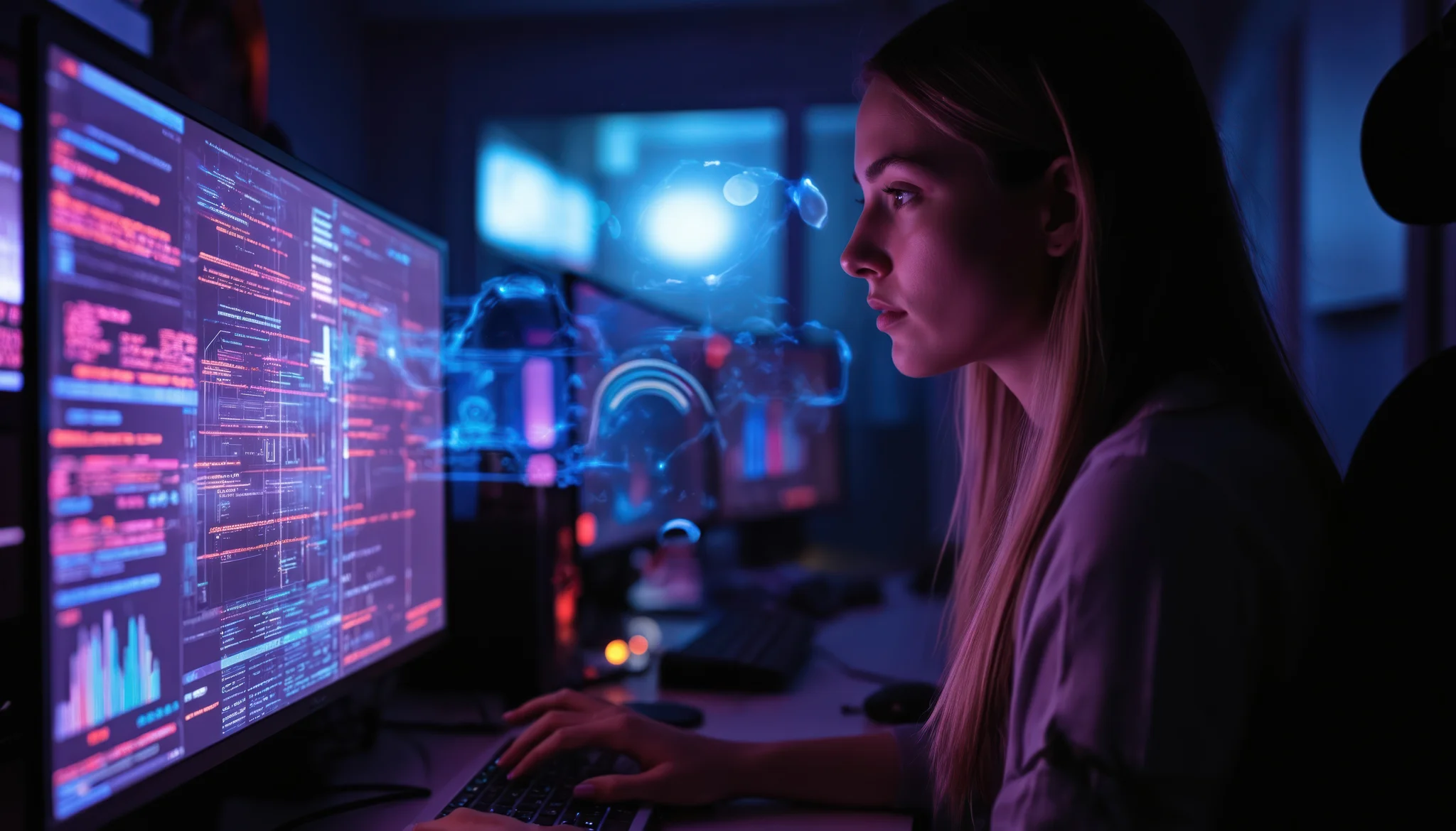 Female programmer works in dark office