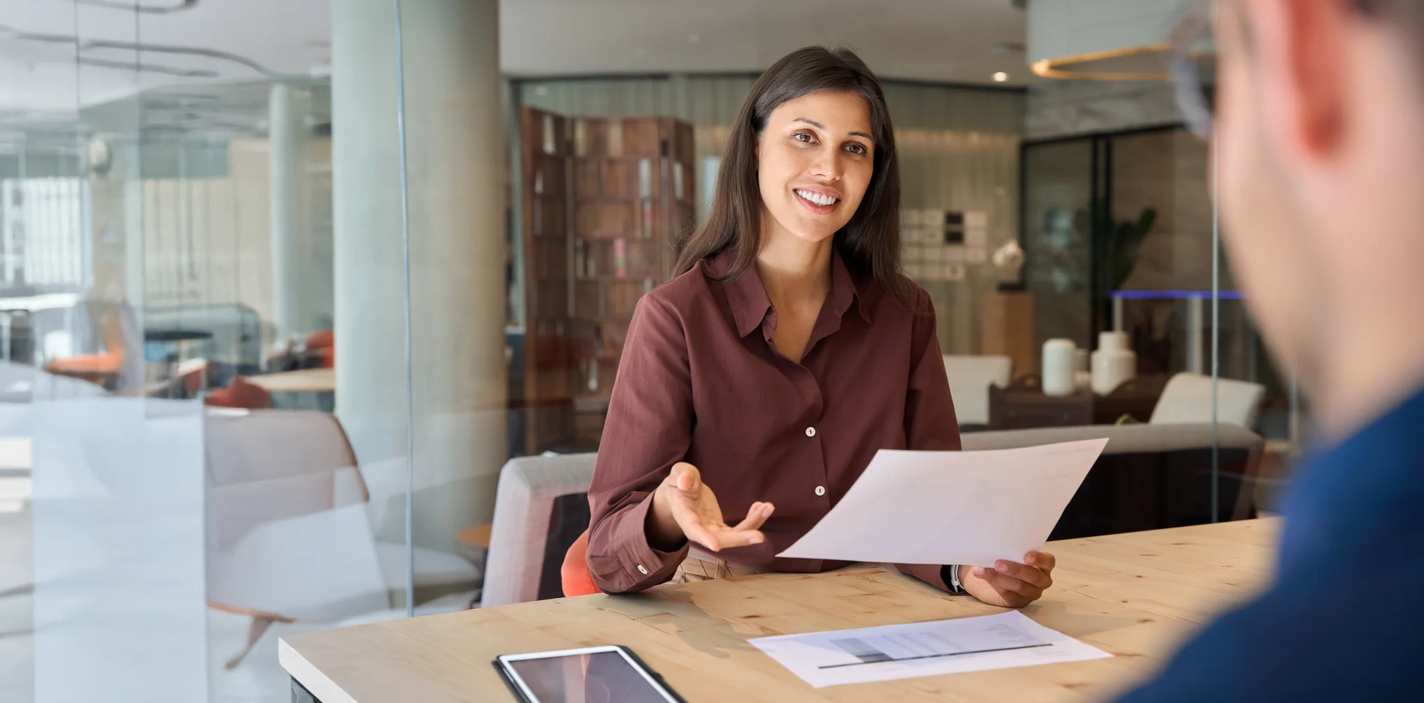 woman smiling in an interview