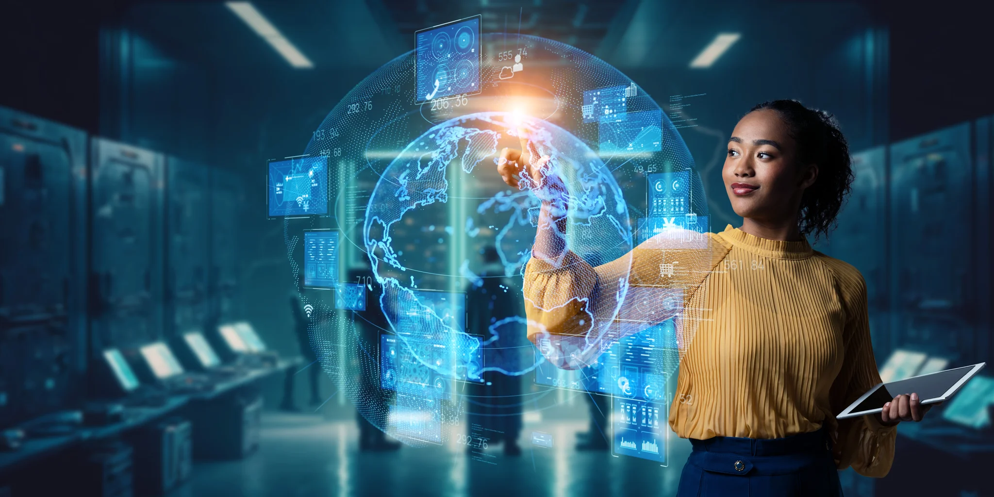 woman in lab and global communication network concept. 