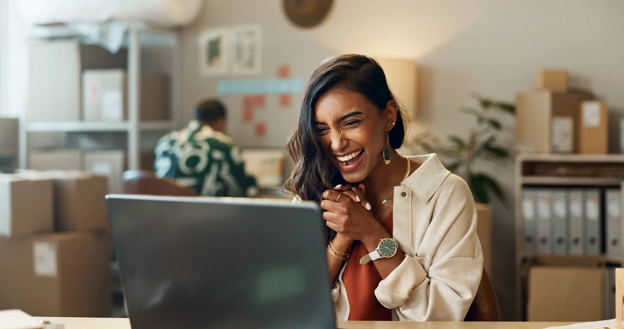 Woman, ecommerce and excited with laptop for sales negotiation, product investment or client growth.